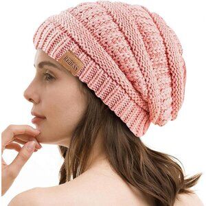 Women's Slouchy Light Pink Beanie Winter Warm Chunky Skull Cable Knit Hat Cap
